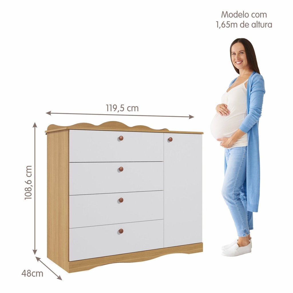 Detalhes do Quarto de Bebê 3 Peças com Berço Capitonê Cômoda 4 Gavetas e Guarda Roupa 4 Portas 4 Gavetas Aquarel Nature/Branco
