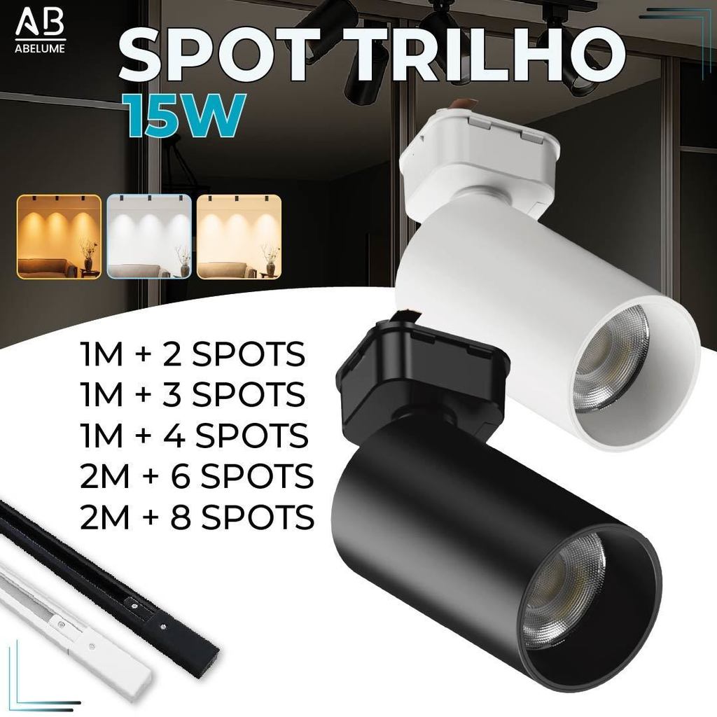 Trilho Spot LED para trilho eletrificado + Trilho + Conector Tubinho Preto e Branco 15W Bivolt em Oferta na Shopee