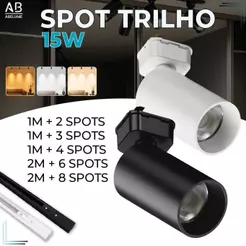 Trilho Spot LED para trilho eletrificado + Trilho + Conector Tubinho Preto e Branco 15W Bivolt