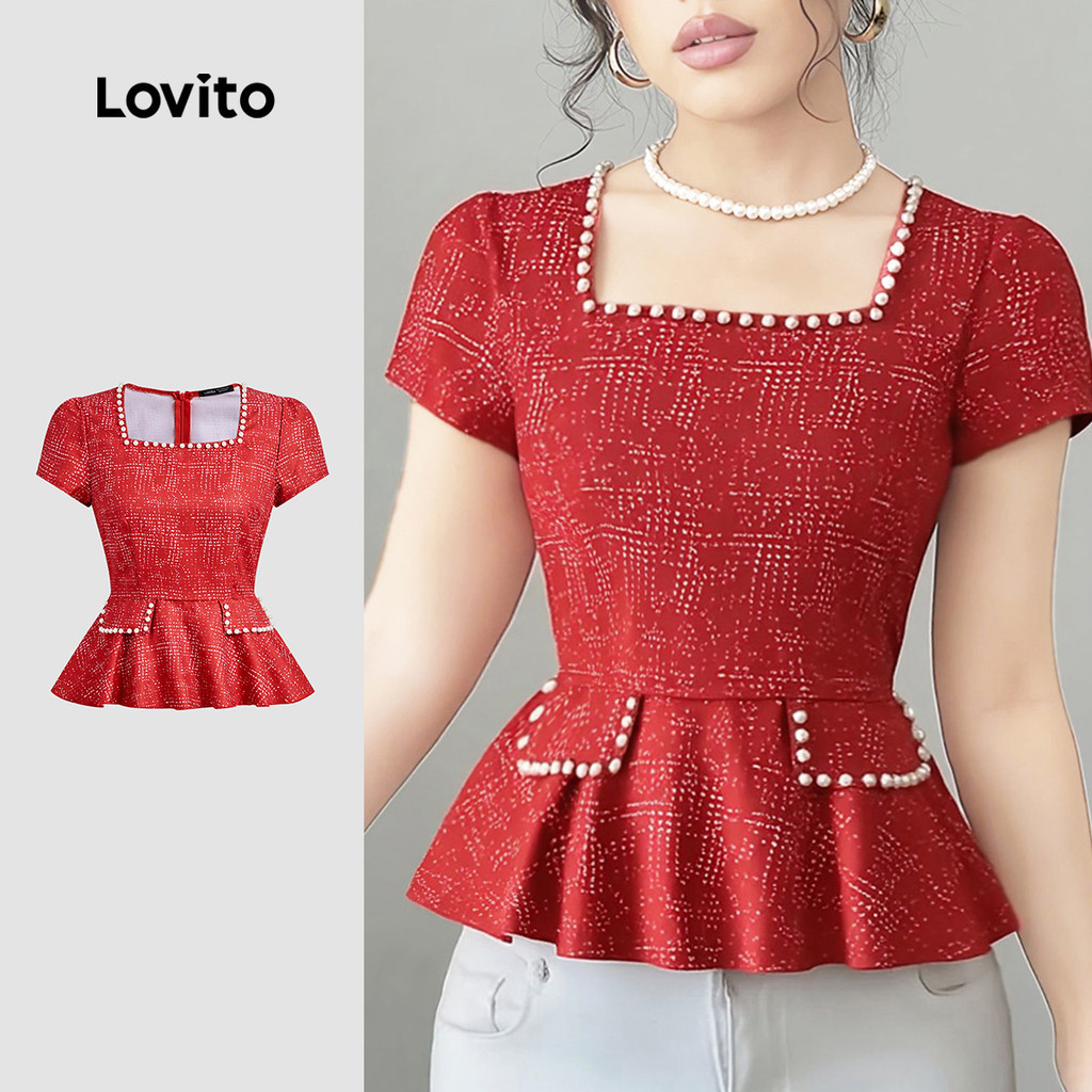 Lovito Blusa Elegante Com Pérolas Para O Dia Dos Namorados Blusa Vermelha Para Mulheres Na Primavera/verão L155AD1371