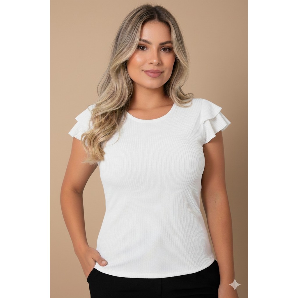 blusa blusinha feminina canelada manga curta duas marias babado versátil tendência