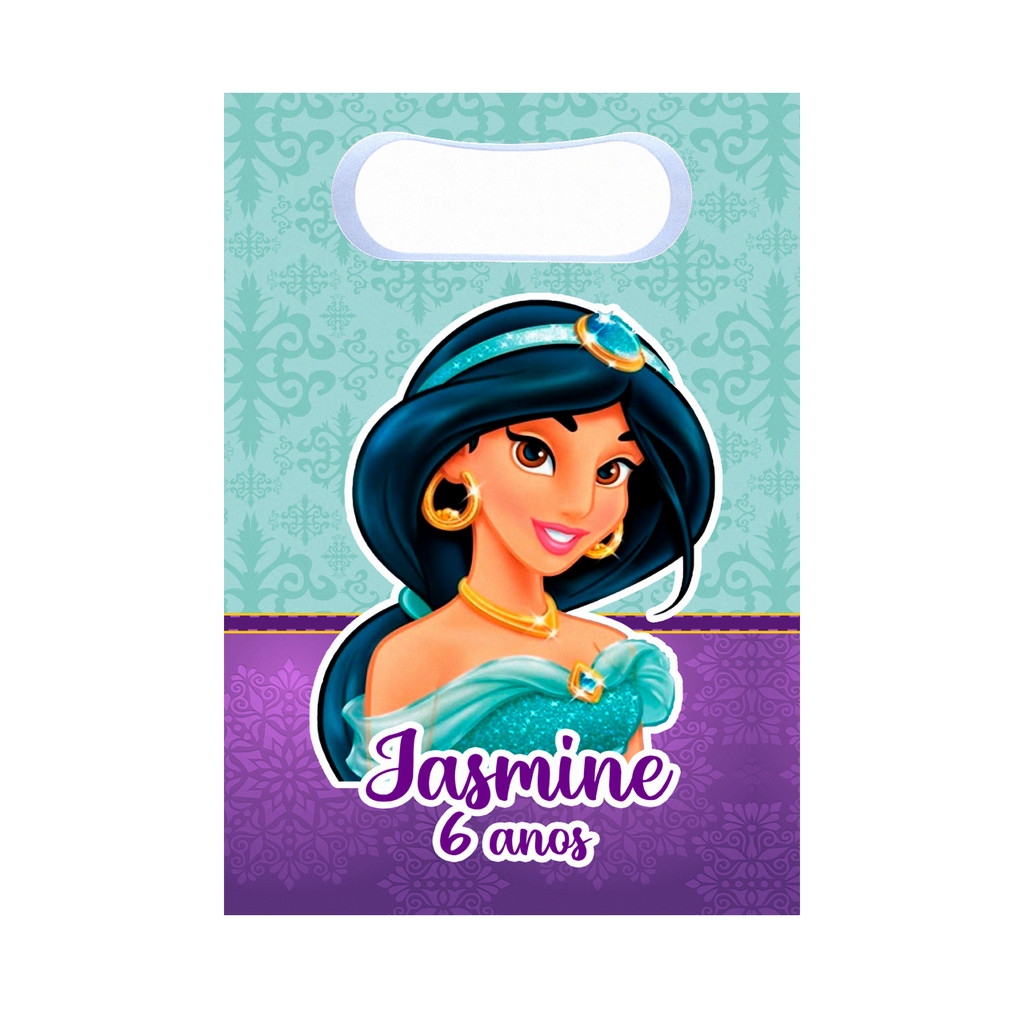 Sacolinhas Surpresa Jasmine Personalizada Lembrancinha para festa com nome e idade disney princesas aladdin