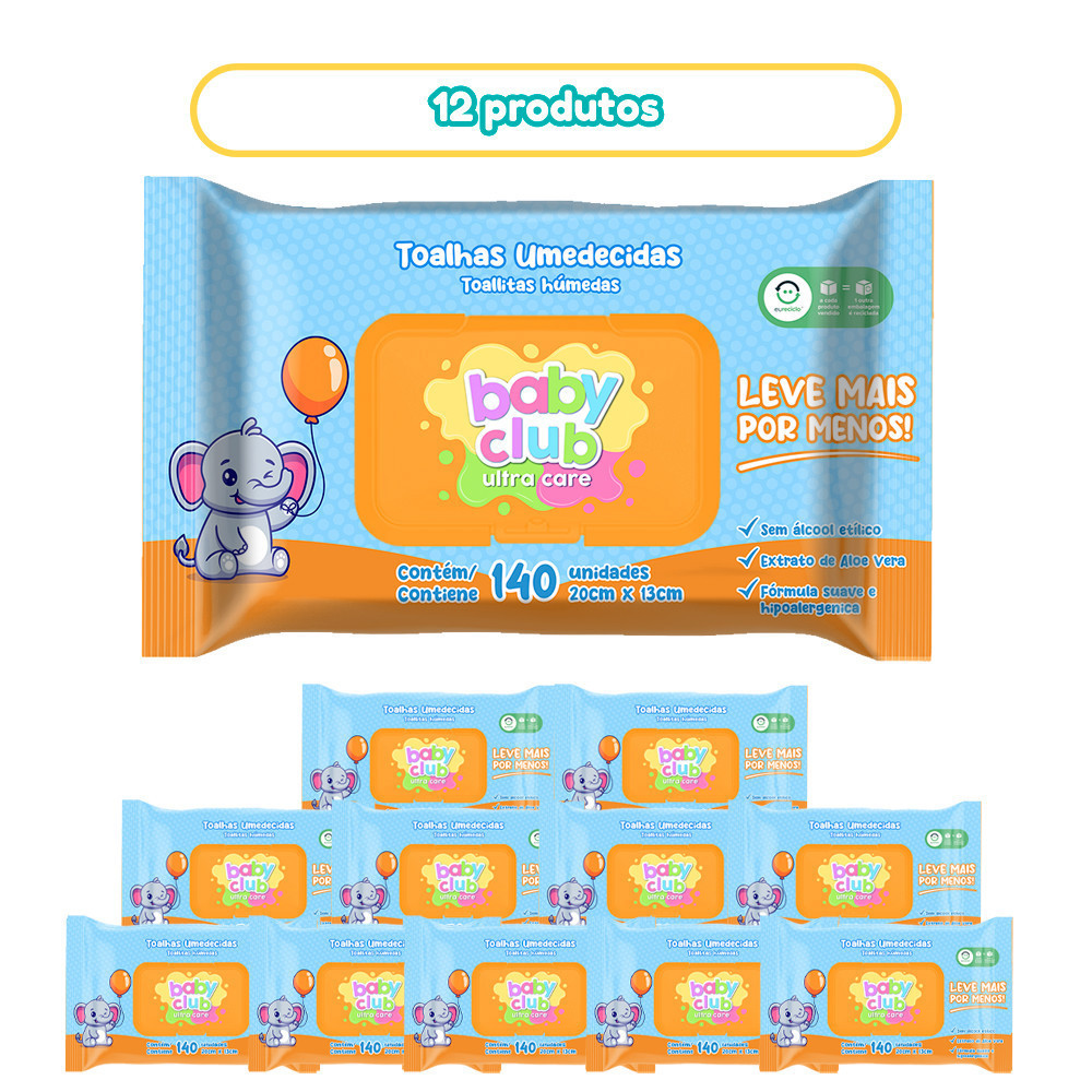 Kit 12 Pacotes Toalha Umedecida Tradicional 140 Folhas Baby Club em Oferta na Shopee