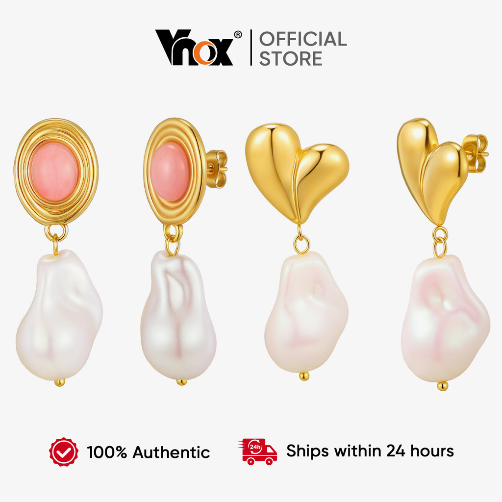 Vnox Em Forma De Coração Oval Pedra Natural Pérola Pingente Brincos De Aço Inoxidável Hipoalergênico Requintado Feminino