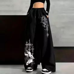 Calça Moletom Wide Leg Anjo Com Asas Diferente Escritas Perna Larga Baggy Moda Gringa