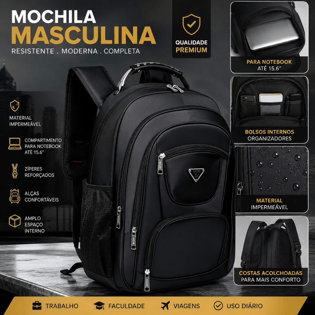 Mochila Masculina Grande Impermeável Reforçada Notebook 15.6 Viagem Trabalho Faculdade Resistente