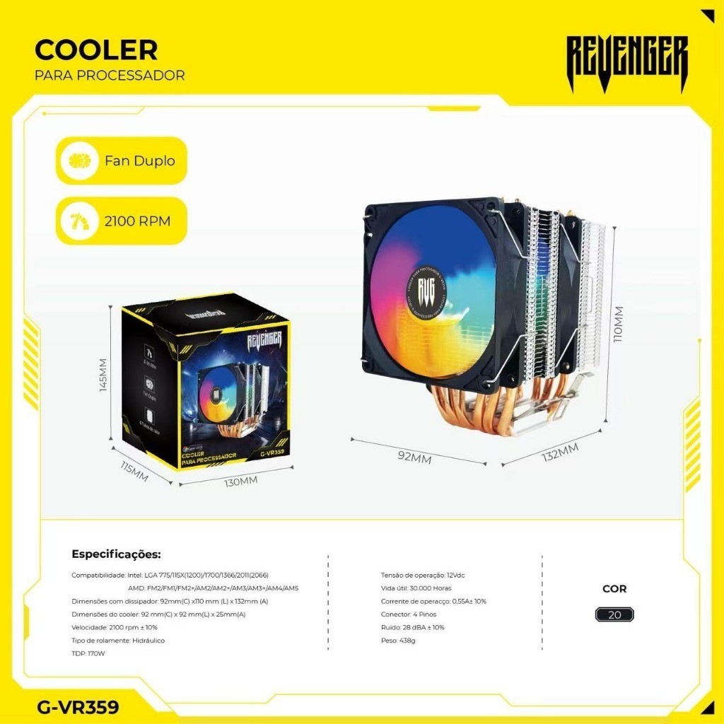Cooler Processador 6 Heatpipes Dual Fan Compativel Intel Amd Sockets LGA 1700 AM4 AM5 Top