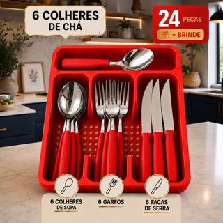 Jogo Talheres Completo Peças Inox Completo com Suporte para Organizar a Gaveta