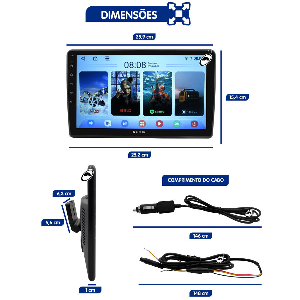 Par Encosto Monitor de Acoplar 10" Android com Android Auto e CarPlay USB E-Tech — imagem 2 de 2