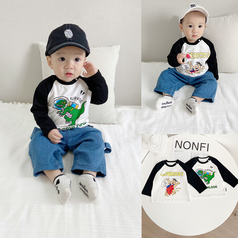 Meninos dos desenhos animados camisa de fundo 2024 primavera outono camiseta bebê dinossauro padrão t roupas crianças mo