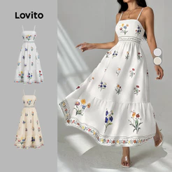 Lovito Férias Vestido com Zíper Franzido - Vestido de Primavera/verão para Mulheres LBL34074