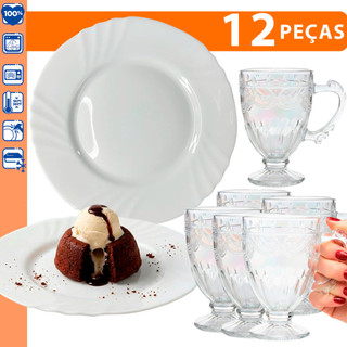 kit jogo 12 peças sendo: 6 prato sobremesa branco + 6 canecas Milão rainbow 190ml