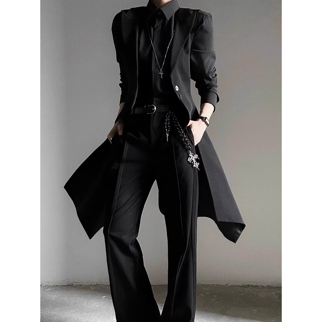 Terno preto alongado smoking colete masculino feminino rufião bonito High-End fino-ajuste colete Unisex Trailing terno c