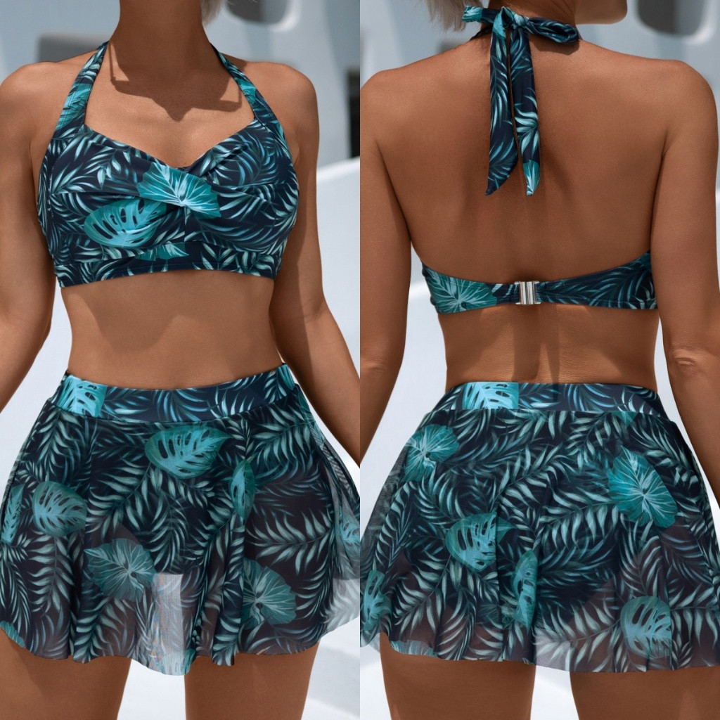 Conjunto de Biquíni com Estampa Tropical para Mulheres, Saia de Praia com Almofada, 2 Peças PI5P
