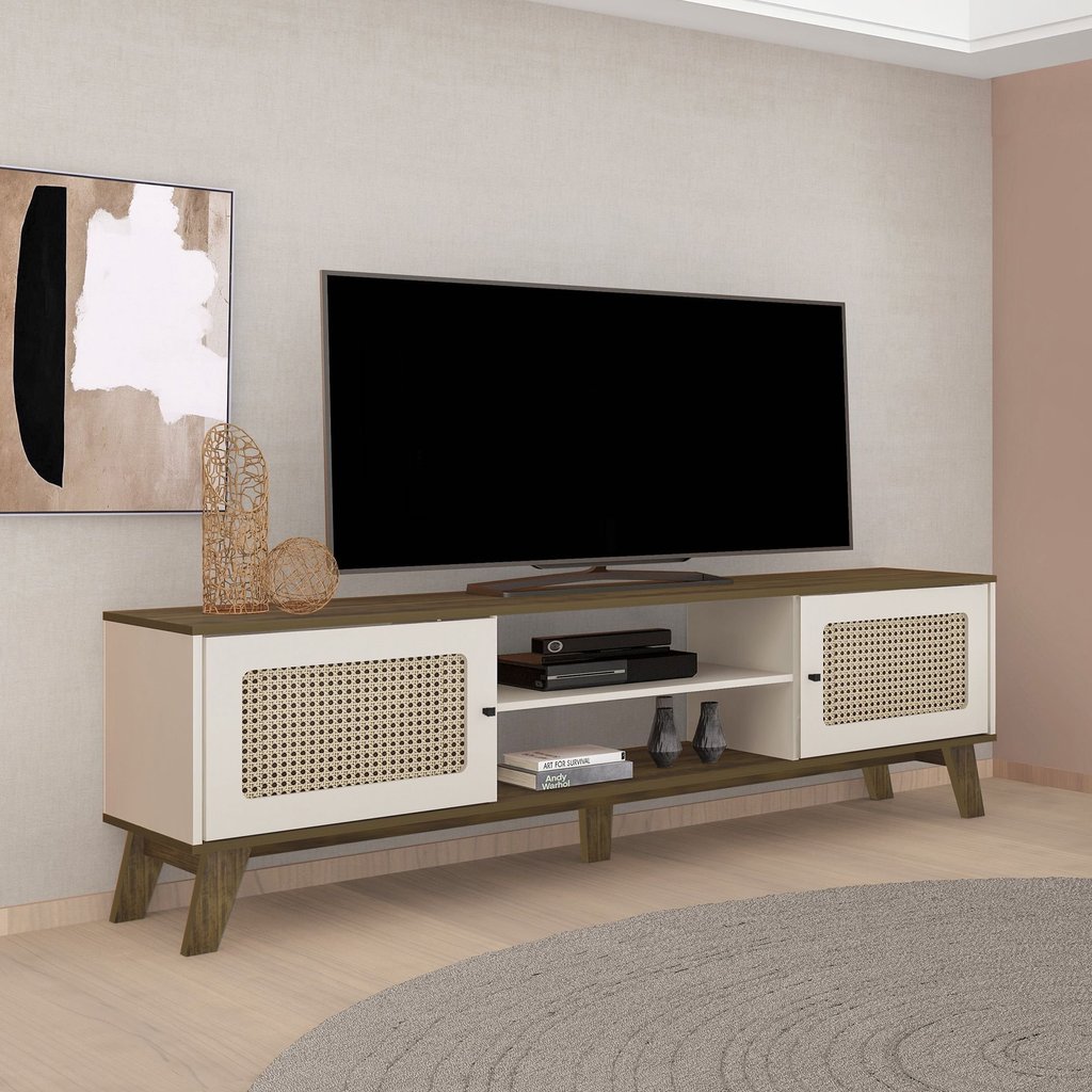 Rack Retrô para TV até 75 Polegadas MDF 180cm 2 Portas Charlotte Marrom Pinho/Of