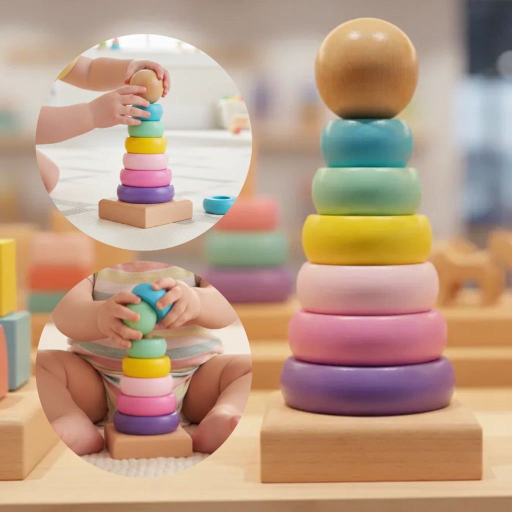 Brinquedo Educativo Infantil Torre Cone de Madeira Argolas Coloridas Empilhar Bebê Criança 7 Peças
