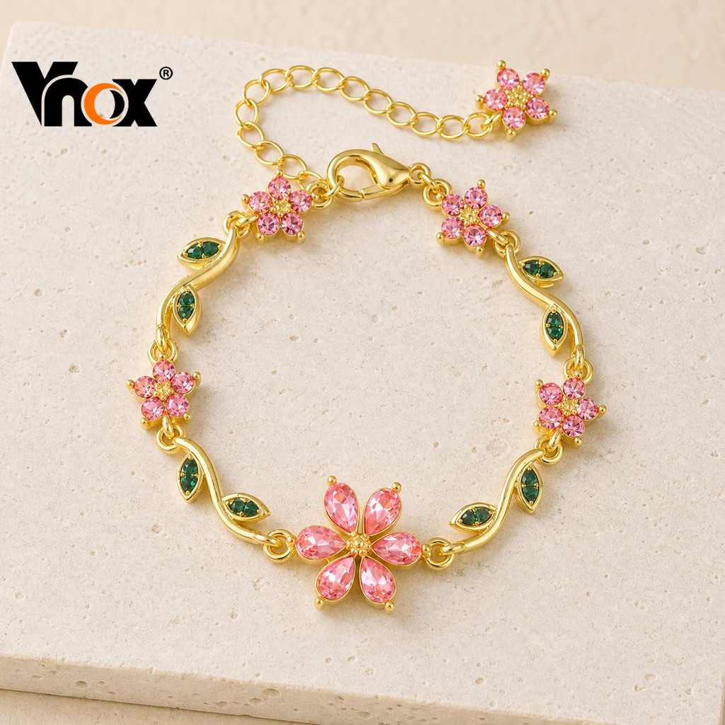 Pulseira Feminina Vnox Banhada A Ouro Folha Verde Rosa CZ Flor De Cinco Pétalas – Joias Florais Doces Para Uso Diário