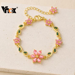 Pulseira Feminina Vnox Banhada A Ouro Folha Verde Rosa CZ Flor De Cinco Pétalas – Joias Florais Doces Para Uso Diário