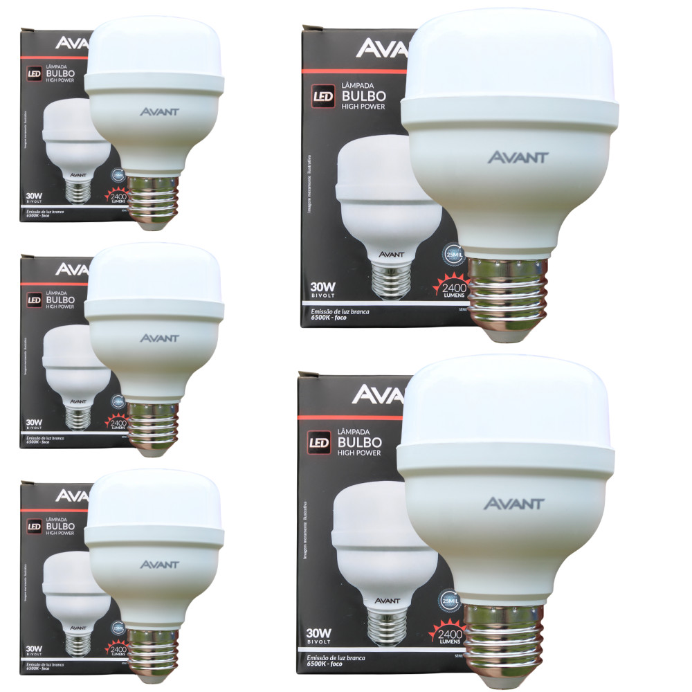 Kit 5 Lâmpadas LED Avant 30W Bulbo High Power Luz Branca 6500K Bivolt Econômicas e Duráveis