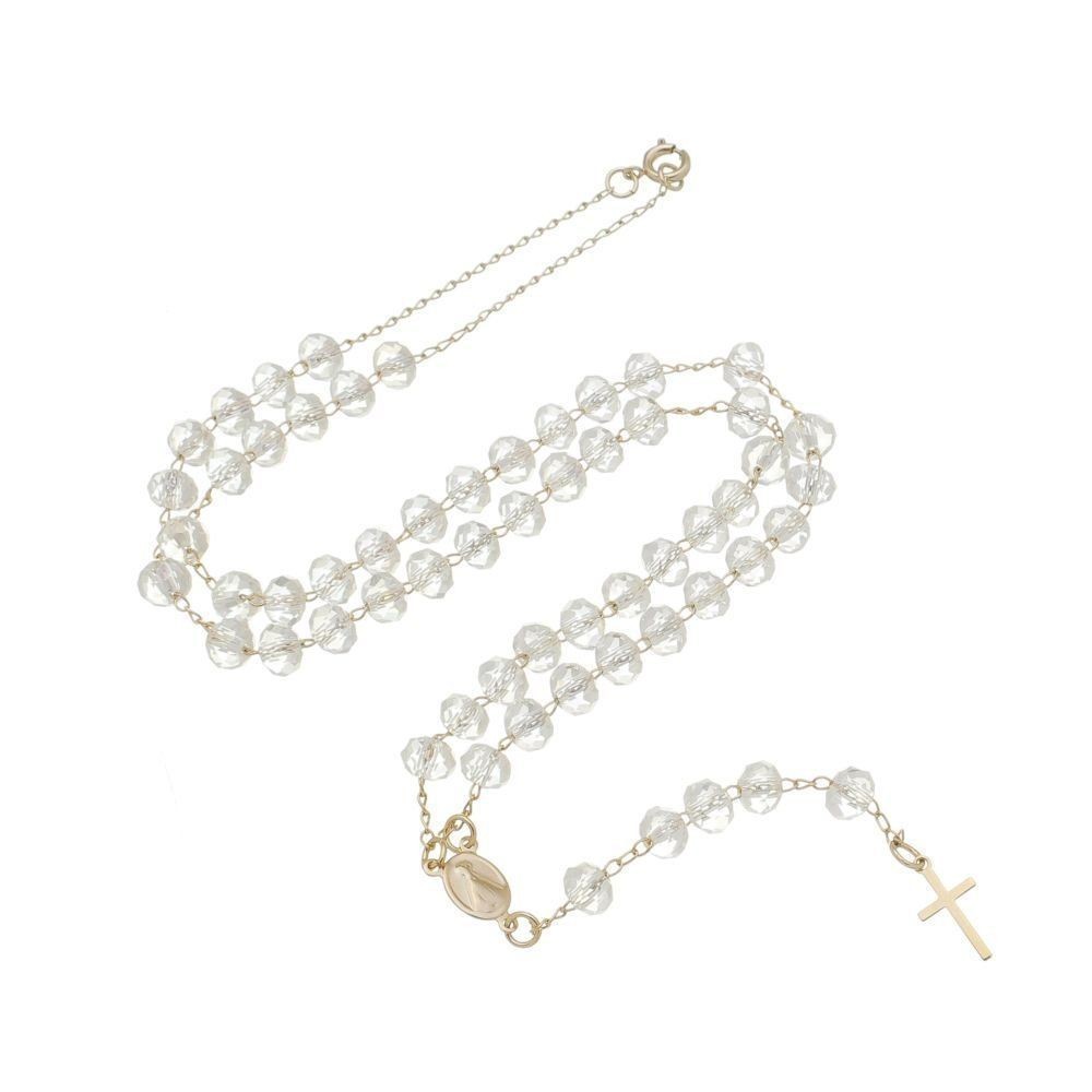 Terço Folheado a Ouro Cristal 45cm – Com Entremeio de Nossa Senhora Aparecida