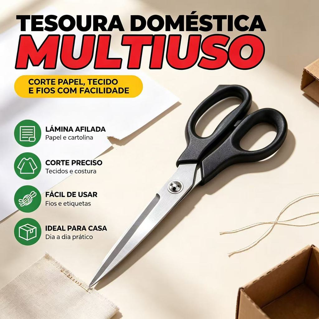 Tesoura Multiuso de Aço Inoxidável com Cabo Ergonômico e Durável para Escritório, Casa, Escola, Costura, Artesanato