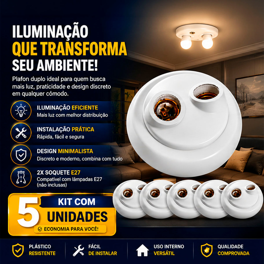 Kit 5 Plafons Luminárias De Teto Duplo E27 OPL Casas Apartamentos E Escritórios — imagem 2 de 2
