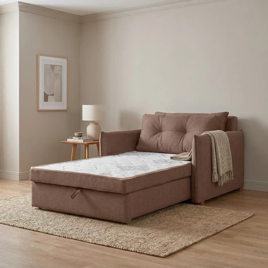 Sofá Cama Solteiro Linho Marrom Montreal 95cm Marrom