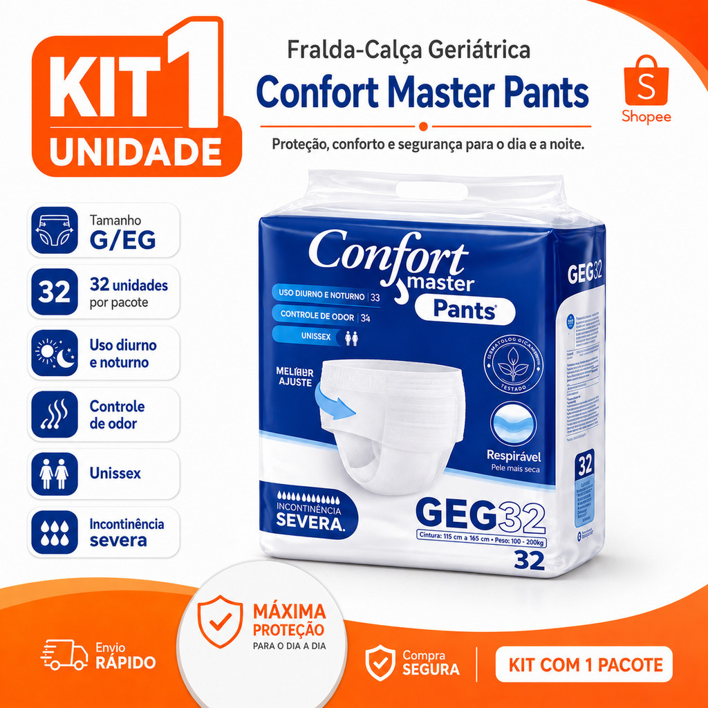 Fraldas Calça Geriátrica Adulto G/EG Confort Master Pants 32 Unidades Uso DiárioAlta Absorção