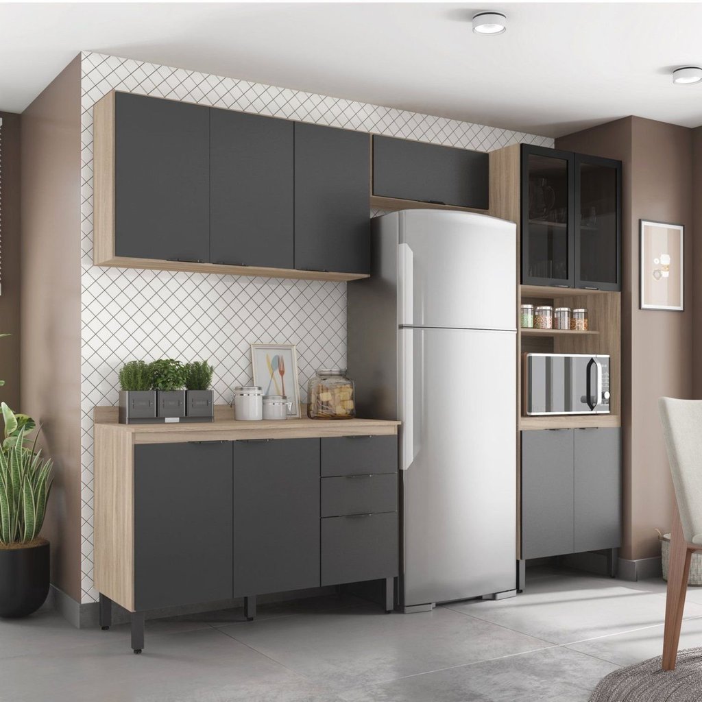 Cozinha Completa Modulada Firenze 04 Peças 11 Portas e 02 Gavetas Cinza/Avena/Grafito Avena/Grafito