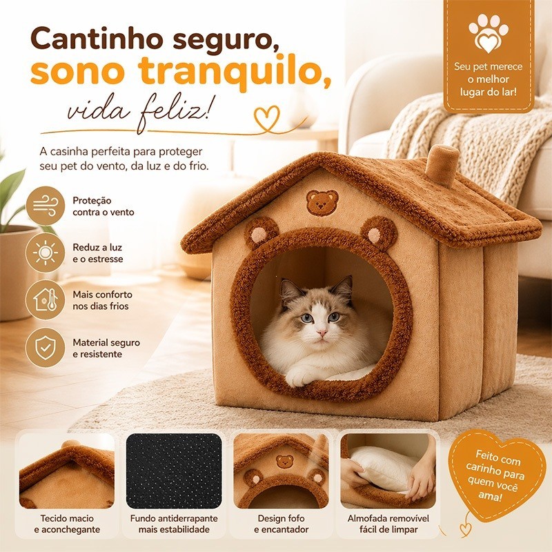 Casa Toca Fechada para Pet em Pelúcia Desmontável, Cama Aconchegante Quente Almofada Macia para Gatos e Cães Pequenos, E