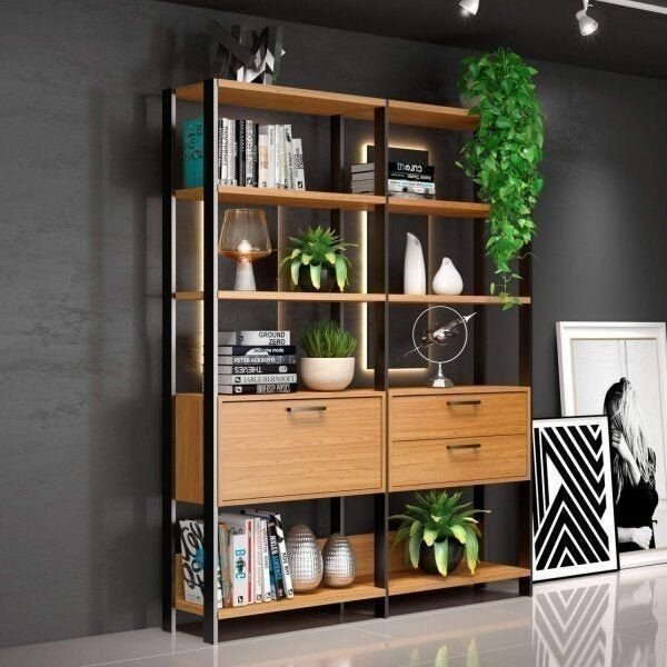 Estante de Livros Industrial 100% MDF 144CMX185CM 1 Porta 2 Gavetas Marrom/Freijó/Preto Freijó/Preto Fosco