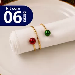 Kit 06 Anel Porta Guardanapo Metálico com Pérola Verde e Vinho Natal Mesa Posta