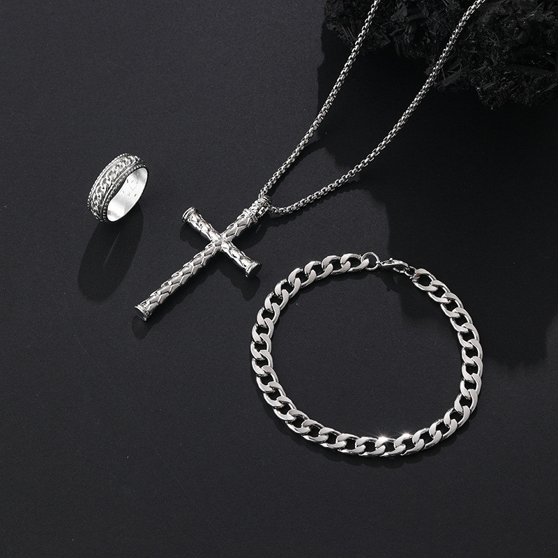 Europeu americano na moda Retro cruz colar pulseira anel masculino único Punk na moda Hip Hop acessórios conjunto de jói