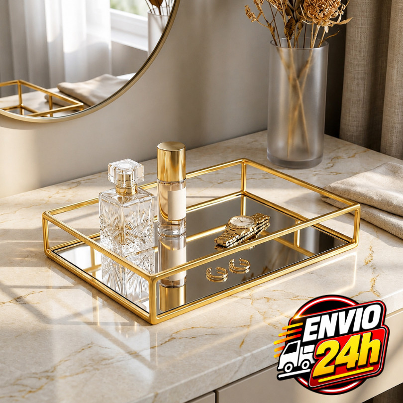 Bandeja Espelhada Dourada Luxo Premium Decorativa Porta Perfumes Organizador Lavabo Banheiro Penteadeira Mesa