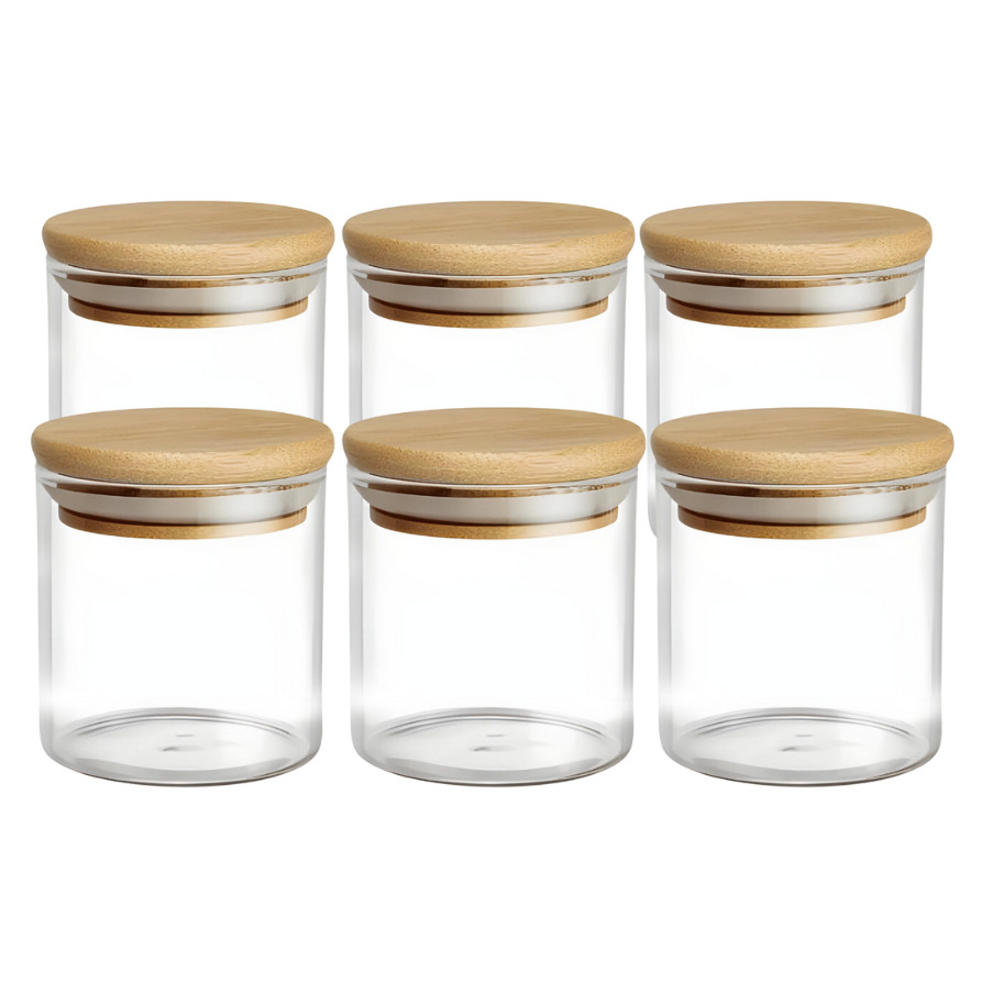 Kit De 6 Potes Hermético Mantimento De Vidro Com Tampa Bambu 200ml