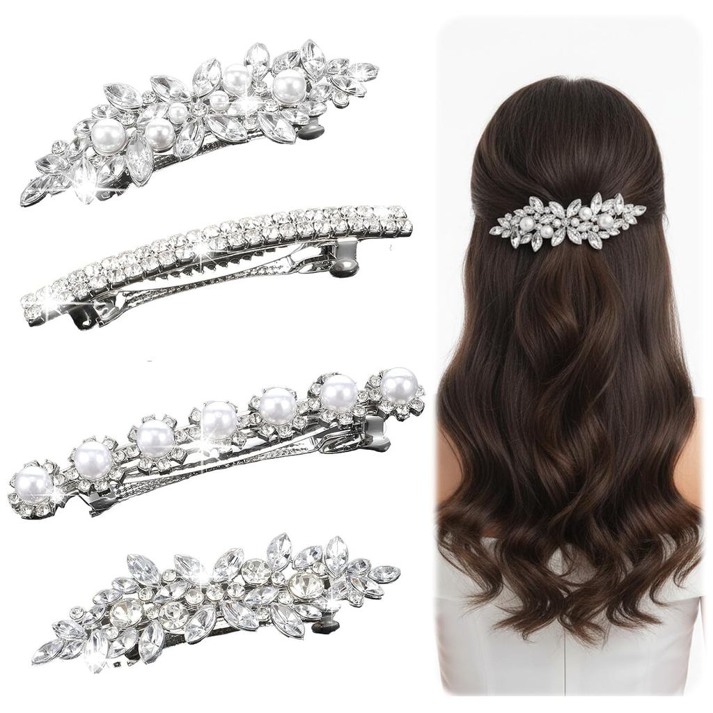 4 Peças de Presilhas de Cabelo com Pérolas e Strass, Presilhas de Cabelo Brilhantes com Flores para Noivas, Presilhas de