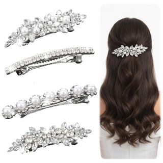 4 Peças de Presilhas de Cabelo com Pérolas e Strass, Presilhas de Cabelo Brilhantes com Flores para Noivas, Presilhas de