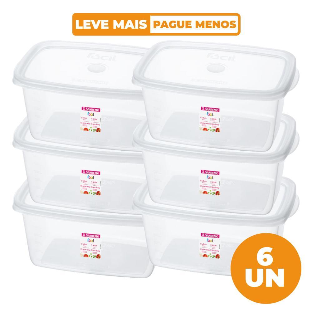 Kit 6 Potes Plásticos Retangulares Fácil Cristal 1,4L Sanremo