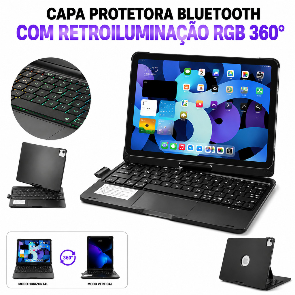 Capa Giratória 360° Teclado Iluminado Bluetooth para iPad 11ª A16, iPad 10 10.9"