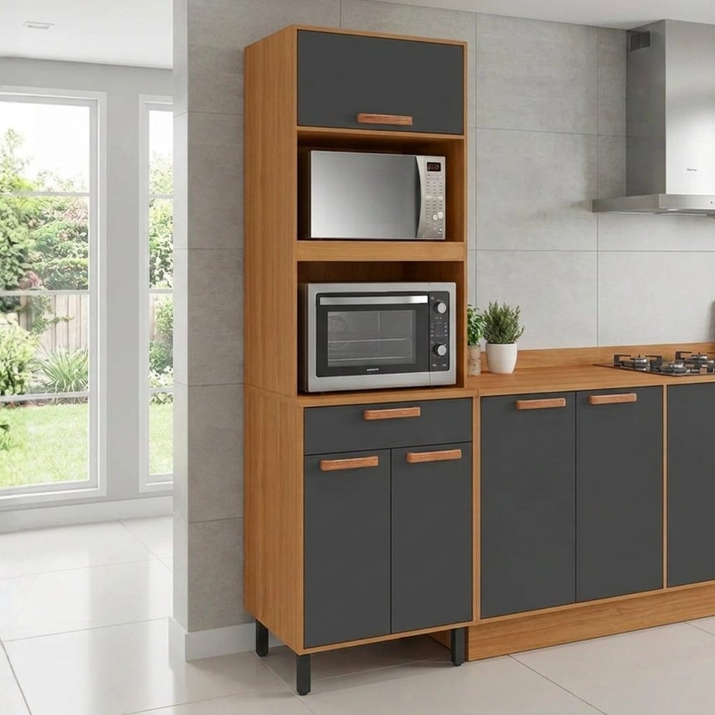 Paneleiro Torre Quente Duplo 3 Portas 1 Gaveta 220 x 70cm Nápoles Itatiaia Cinamomo/Cinza