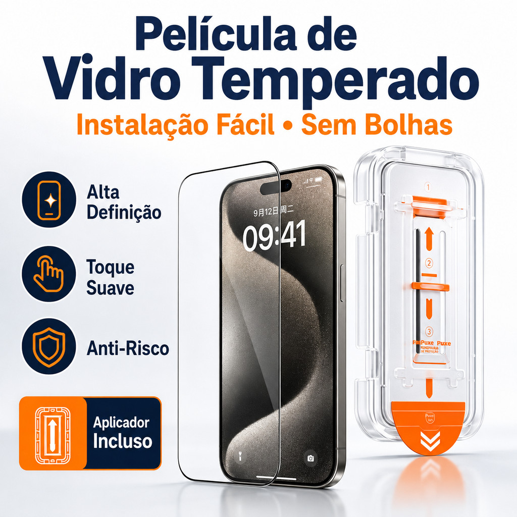 Película 3D de Privacidade Vidro Temperado 9H com Aplicador para iPhone 16/15 Samsung S22 S23 S24 S25 S26 A35