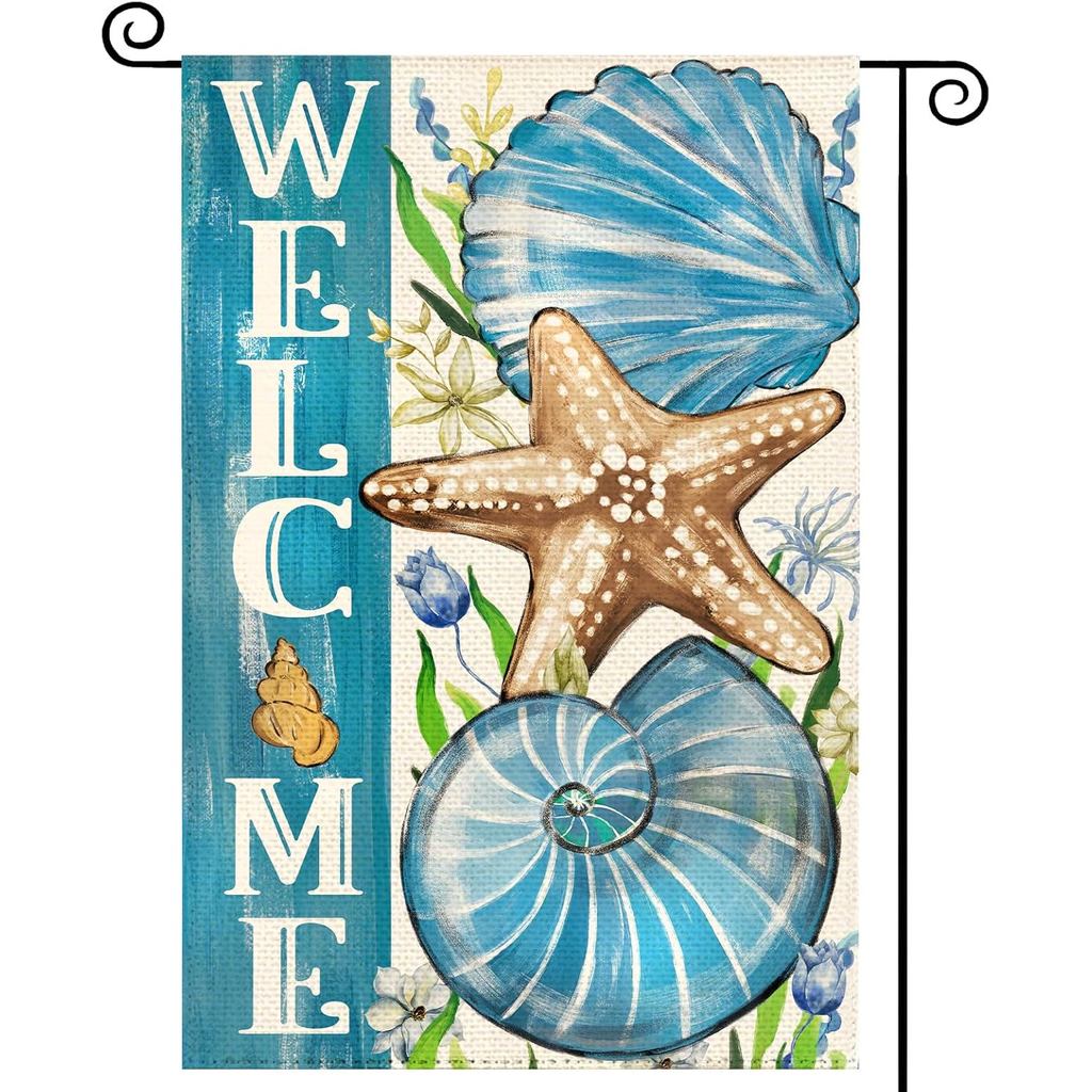 Bandeira de Jardim de Boas-Vindas com Tema Oceano de Verão, 12 x 18 Polegadas, Dupla Face, Conchas Azuis, Estrela-do-Mar