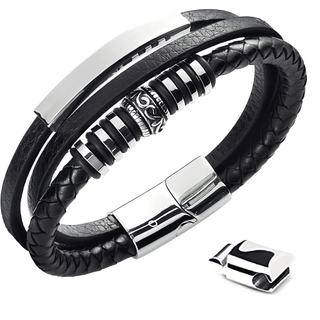 Pulseira de Couro Masculina Multicamadas – Pulseira Trançada Preta com Fecho de Aço Inoxidável, Joia Elegante Premium pa