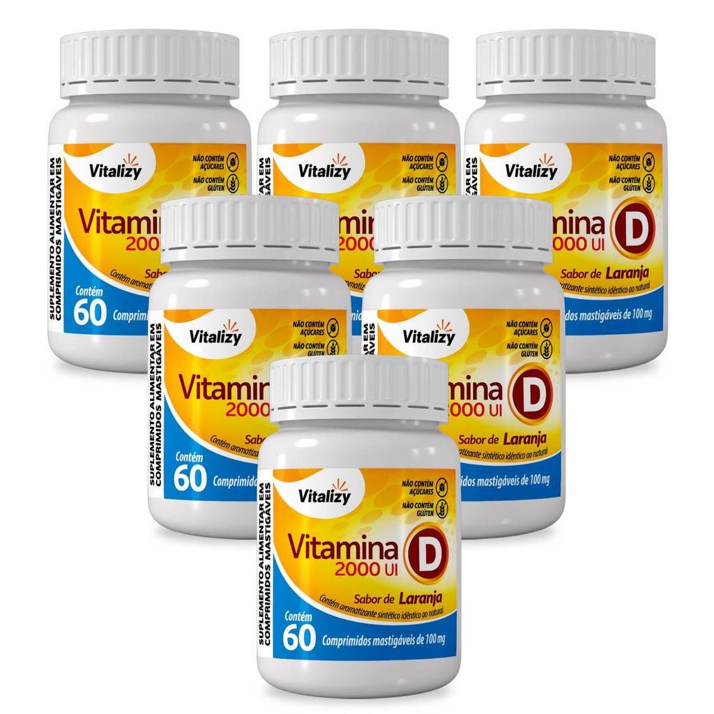 Kit 6x60 Comprimidos Vitamina D D3 Mastigáveis Alto Teor Sabor Laranja Zero Açúcar Original Vitalizy