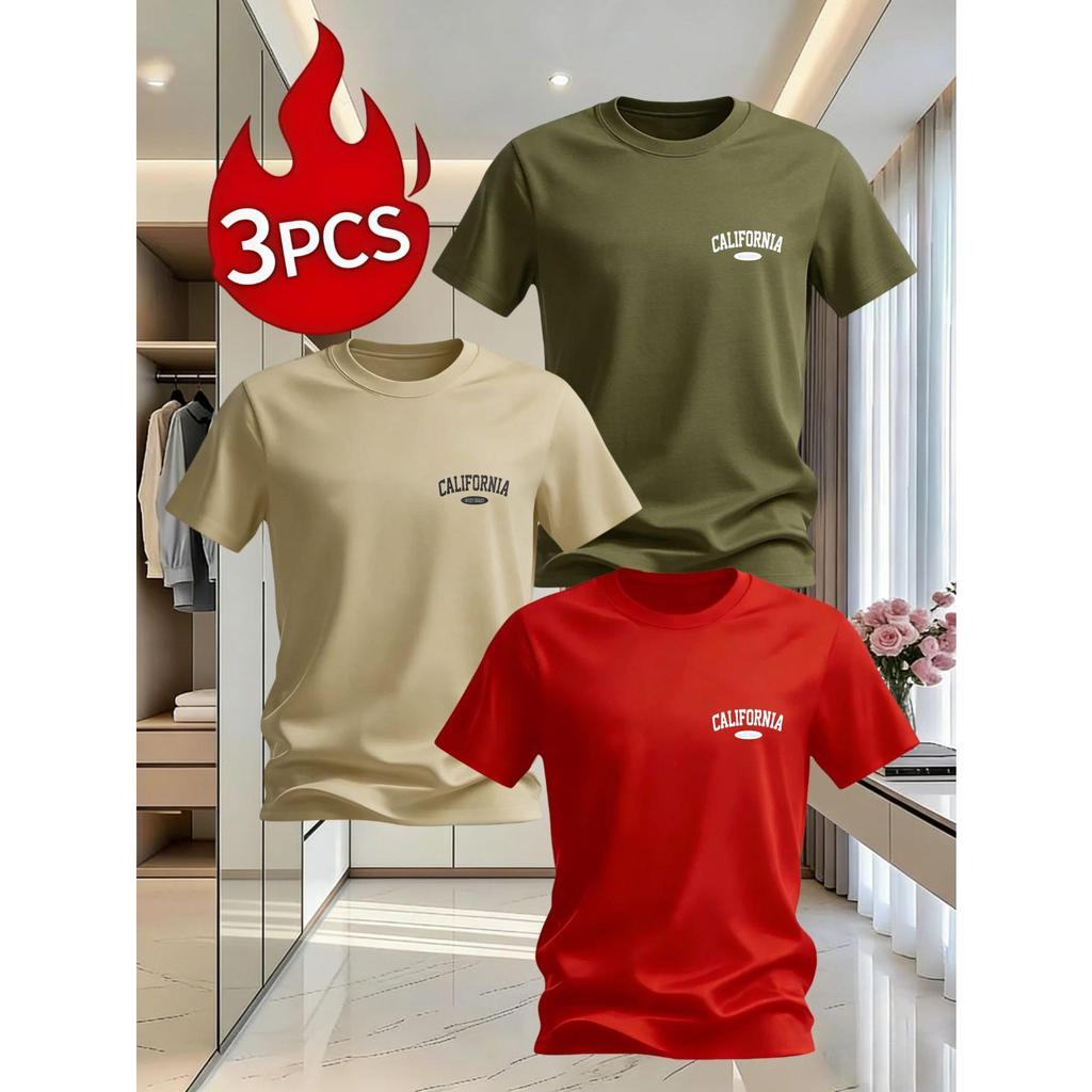 Conjunto de 3 camisetas masculinas com estampa "California" no peito, design de moda, estampadas, para fitness