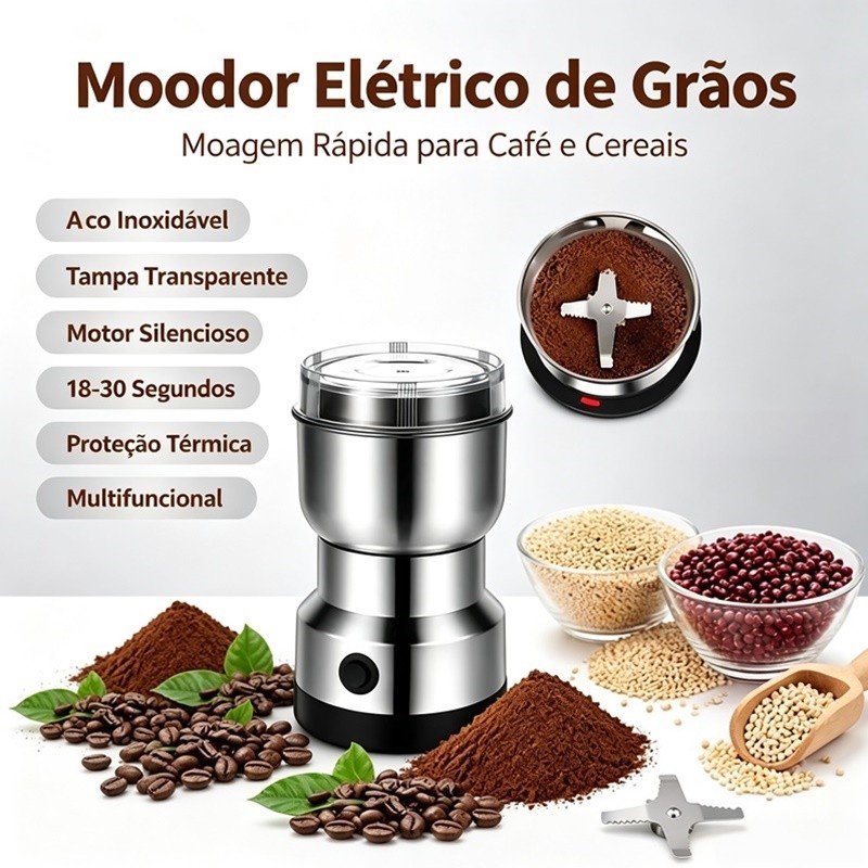 Moedor Multifuncional de Café e Especiarias 110V com Design em Aço Inoxidável 4 Lâminas AIRER.BR