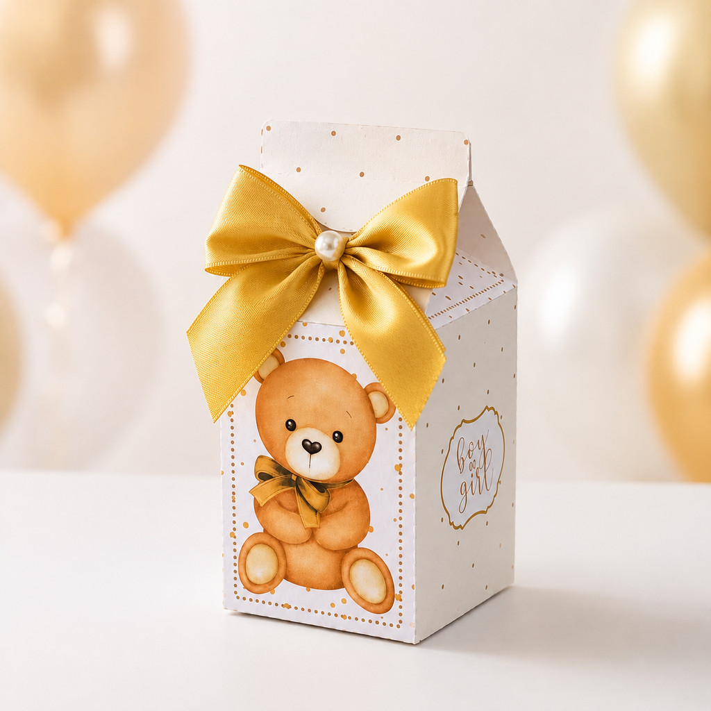 Caixa Milk Personalizada Ursinho Dourado | Chá de Bebê | Chá Revelação | Lembrancinha