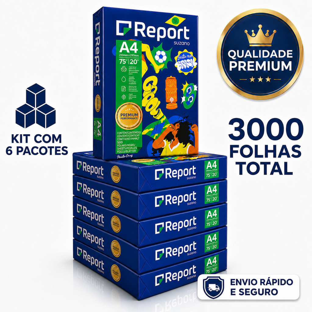 Kit 6 Pacotes de Papel Sulfite Report Folha Ofício Para Impressão A4  com 500 Folhas
