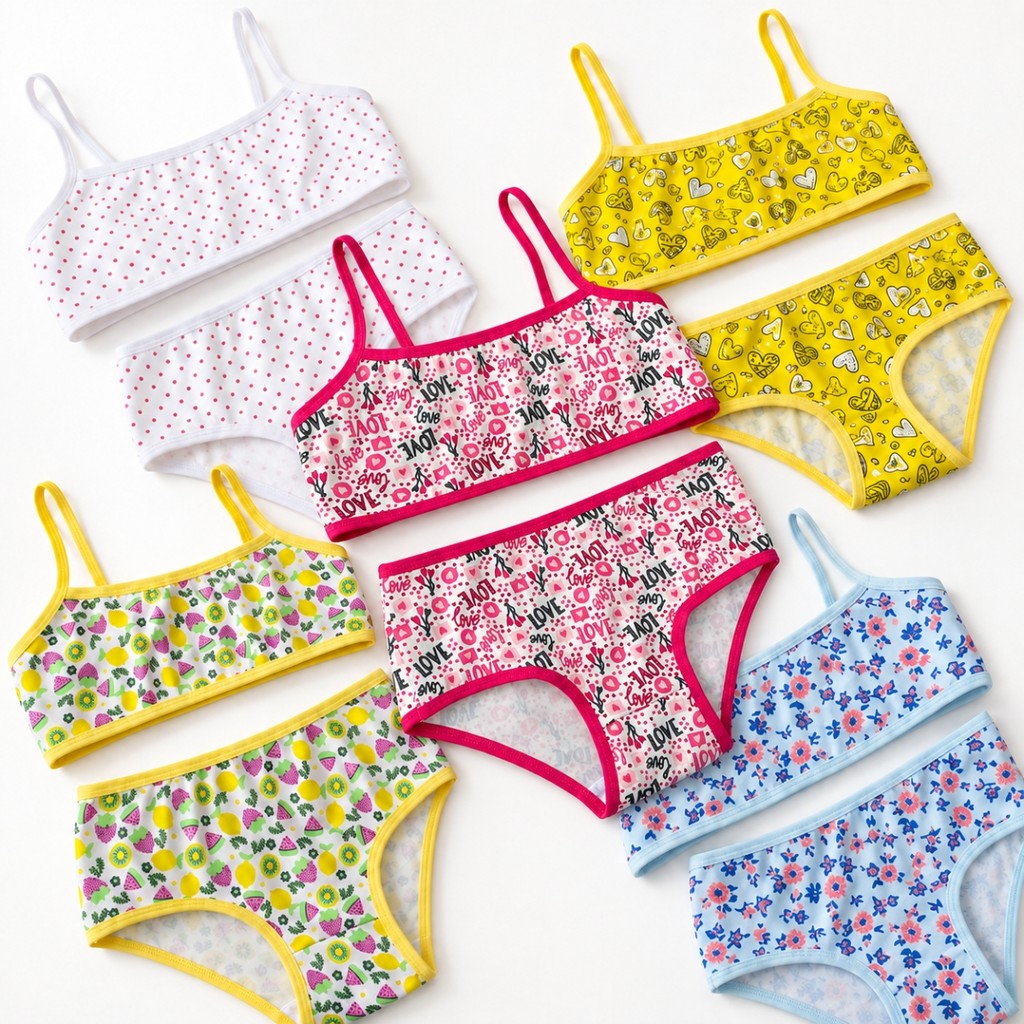 Kit 7 ou 10 Conjuntos Infantis Femininos Top e Calcinha Estampados Roupa Íntima Menina Mocinha