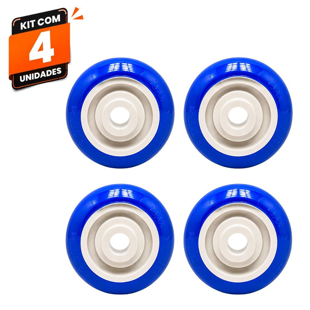 Kit 4 Rodas Rodinhas Carrinho Supermercado Mercado Ajax 3" PVC Azul 80kg Alta Resistência para Carrinhos Comerciais
